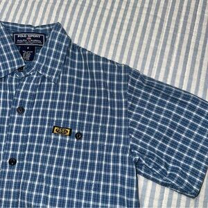 Vintage Polo Sport Ralph Lauren Boys SS Button Down Blue Plaid Shirt Size 6